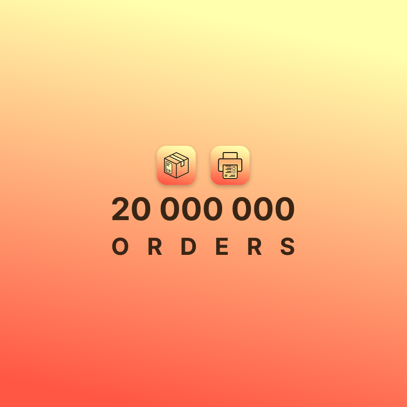 Gradient background with order icons and the number 20,000,000 orders.